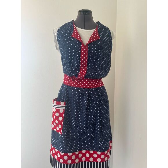 Red, White, & Blue Polkadot Apron with Pocket - Picture 1 of 10